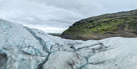 View of the landscape from the ice of the glacier in Iceland.