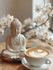 A cup of coffee and a Buddha statue. AI.