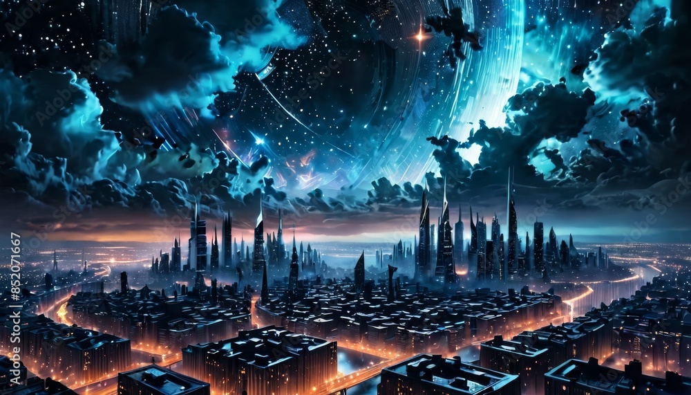 Poster a breathtaking futuristic cityscape with towering skyscrapers under a mesmerizing starry sky. the ci