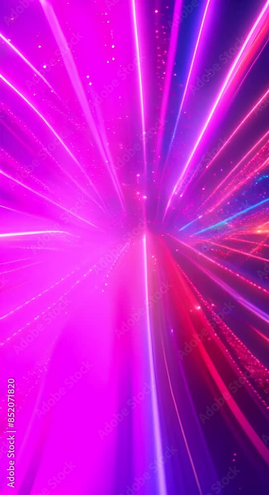 Poster multicolored neon light streaks and dots radiate from central point vivid light trails and sparkles 
