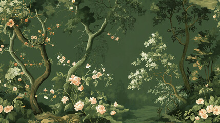 Charming green chinoiserie design with forest scenes, blooming flowers, and detailed foliage, vintage elegance, intricate and refined motifs