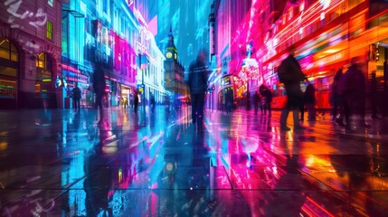 Iconic London landmarks reflected in vibrant neon colors, creating a futuristic and surreal...