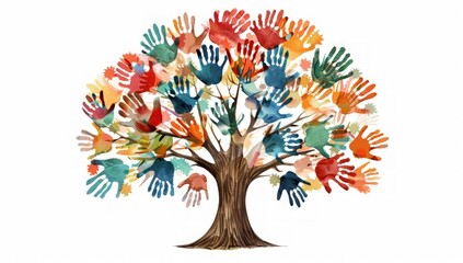 Naklejka premium A tree with many hands painted on it. The tree is colorful and has many different colored hands