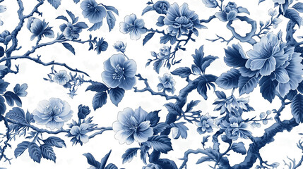 Detailed blue and white chinoiserie pattern with interwoven vines and blossoms, vintage porcelain style, elegant and intricate floral motifs