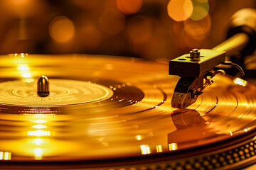 Turntable arm on golden vinyl record