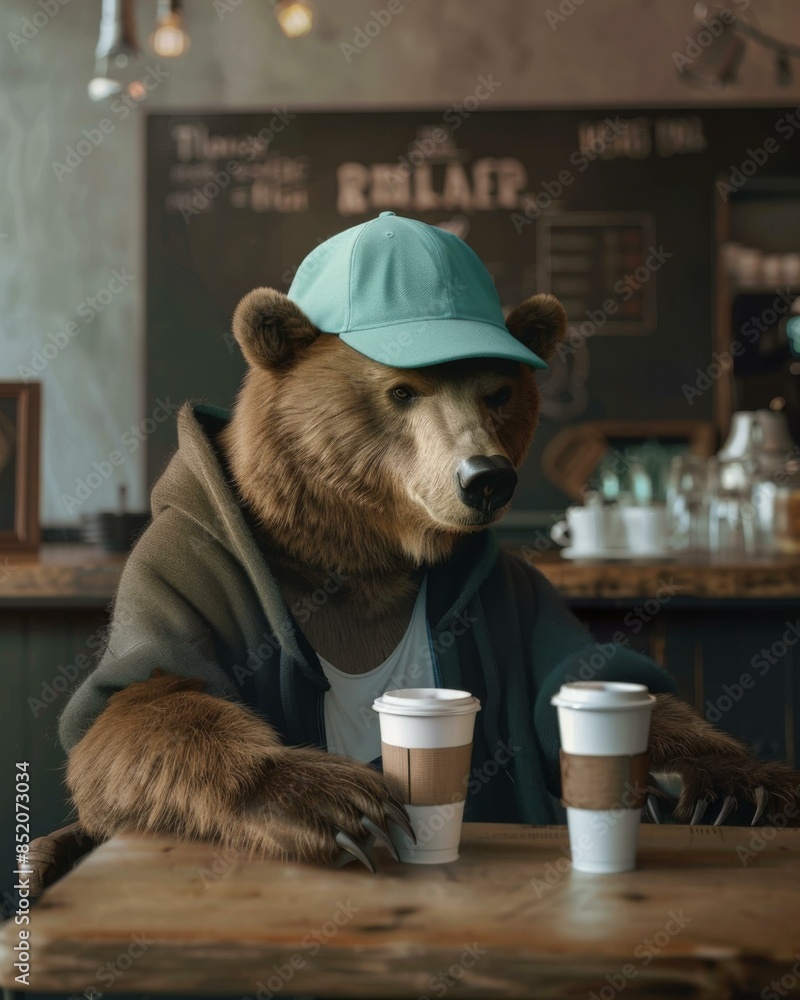 Canvas Prints a bear wearing a hat sitting at the table with two cups. ai.