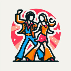 Man and woman dancing at disco, 70s style, colorful vector icon