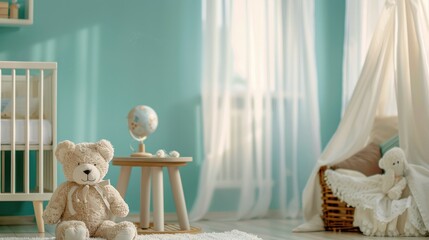 Baby room interior with vacant wooden table