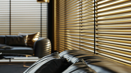 Close-up of gold wooden Venetian blinds in a living room with black and gold leather furniture, presented in a minimalist style
