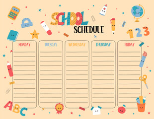 Colorful school schedule vector printable template. US Letter size worksheet. Funny weekly class timetable, lesson planner for elementary school students, kids daily chart. Monday to Friday