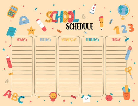 Colorful school schedule vector printable template. US Letter size worksheet. Funny weekly class timetable, lesson planner for elementary school students, kids daily chart. Monday to Friday