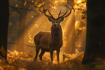 a majestic stag standing in a sunlit forest during the golden hour, warm light filtering through trees, serene and captivating