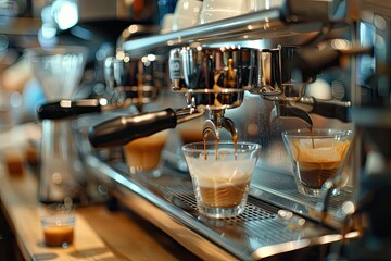 A man preparing delicious aromatic coffee near the coffee machine in restaurant
