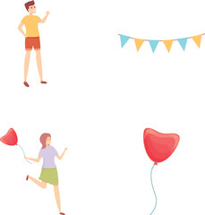 Party icons set cartoon vector. Man and woman at birthday party. Holiday, event