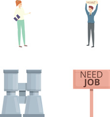 Dismissal icons set cartoon vector. Upset guy and girl fired. Unemployment concept