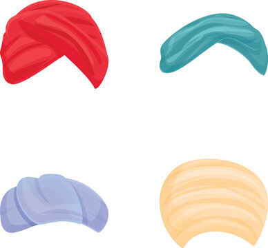 Traditional turban icons set cartoon vector. Indian and arabic hat. Oriental culture, ethnic clothes