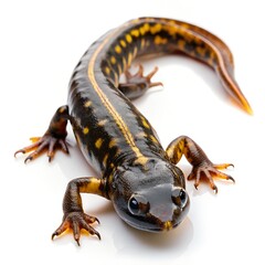 Colorful Salamander with Yellow Spots and Orange Stripes, Isolated on a White Background
