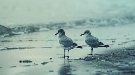 Two grey birds stroll on the sandy shore