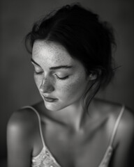 Obraz premium an intimate portrait of a contemplative ballerina captured in monochrome, delicate and reflective, showcasing her freckled face