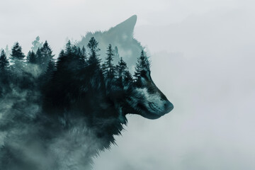 Majestic wolf  profile with foggy forest inside in a captivating double exposure, creating a mystical and powerful atmosphere