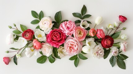 Fototapeta premium A charming arrangement featuring pink and red roses ranunculus white tulips and fresh green leaves adorns a white backdrop in a top down perspective