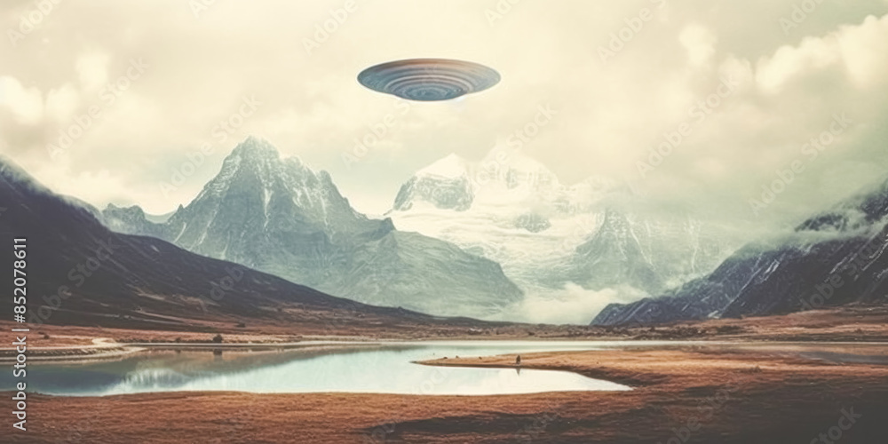 Poster a large, blurry, alien-like object is hovering over a mountain range