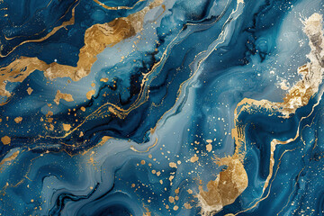 A painting of a blue ocean with gold accents