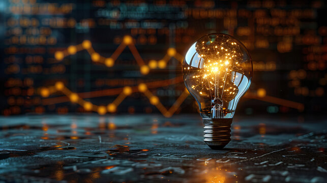 Glowing lamp as a symbol of scientific thought against the background of physical and mathematical formulas.