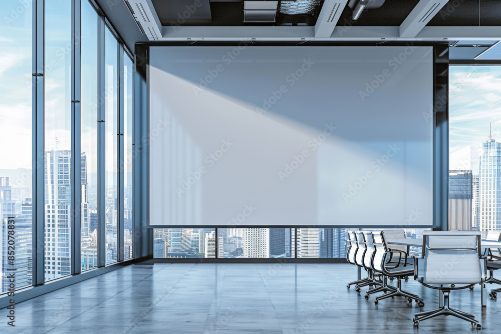 Poster sunlight streaming through large windows in a modern conference room, illuminating a large blank pre