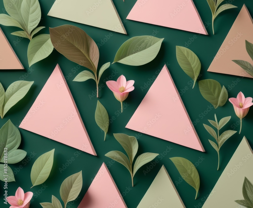 Poster pastel-colored triangles and green leaves with pink flowers form a harmonious pattern on a dark gree