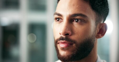 Face, man and employee with thinking in office for future, ideas and vision or mission. Business, professional and accountant with pride in new job position or opportunity at workplace and confident