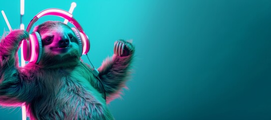 sloth animal dj in pink neon headphones dancing at party on blue turquoise background with copy space