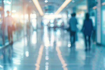 A blurry image of a busy shopping mall with people walking around