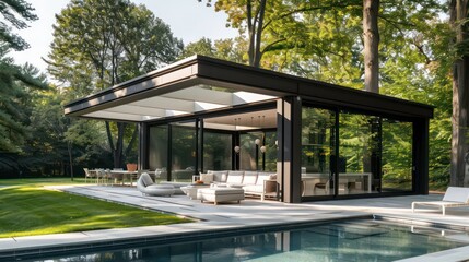 Fototapeta premium Modern glass pavilion with a black frame, large window, sofa and table inside the gazebo, pool outside, white outdoor furniture around, minimalist style house