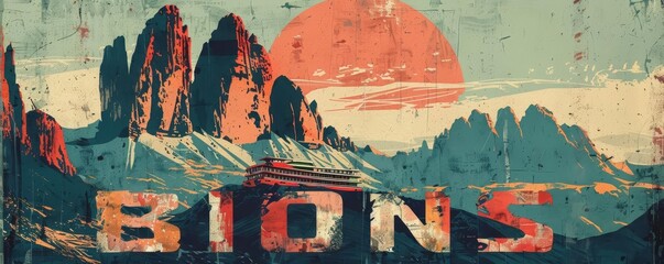 Fototapeta premium Vintage travel poster with bold typography, nostalgic, vibrant colors, vintage style