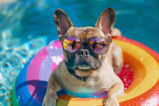 cute merle French bulldog purebred  dog in sunglasses swimming in pool on inflatable float in summer closeup - chill relaxing vacation 