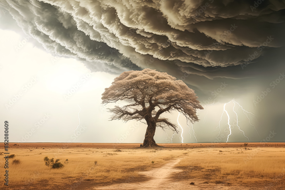 Poster a tree is in the middle of a desert with a storm in the background.