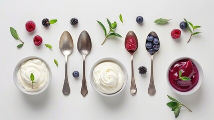 Yogurt presented in spoons and bowls against a white background a compilation