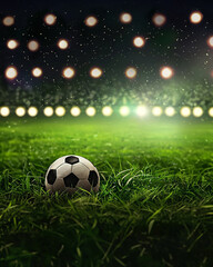 Fototapeta premium a soccer ball on green field with blur stadium at background