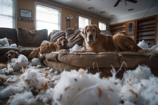 golden retriever dog looking guilty after making a mess and destroying house and couch