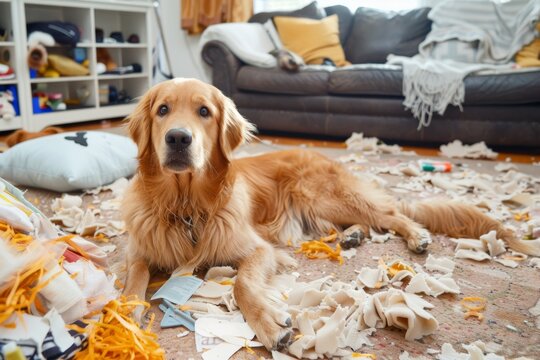 golden retriever dog looking guilty after making a mess and destroying house and couch