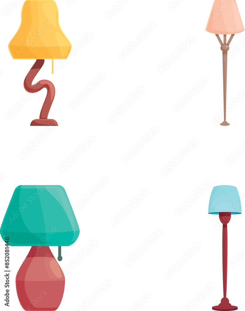 Poster torchere icons set cartoon vector. floor and table torcher with bright lampshade. home illumination 