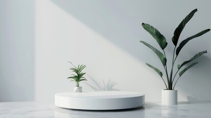 Minimalist blank podium design with an elegant white background featuring a plant creating a serene and modern atmosphere.