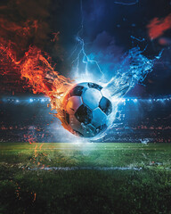 a soccer ball on green field with blur stadium at background