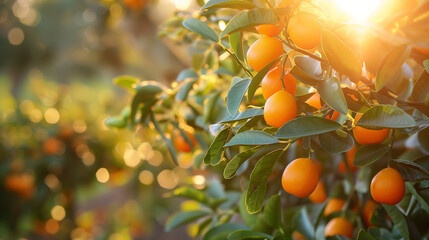 Orange trees with ripe fruits at sunset