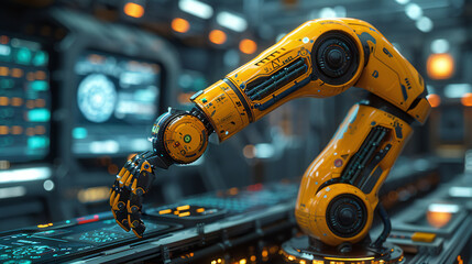 Hand of robot using over the interface virtual screen to check status and control automation robotics arms machine in intelligent factory industrial