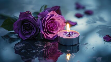 Attributes related to funerals purple roses and lit candle placed on dark mirrored background with room for writing