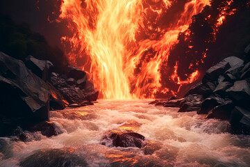 Lava from a volcano flows over a waterfall and solidifies