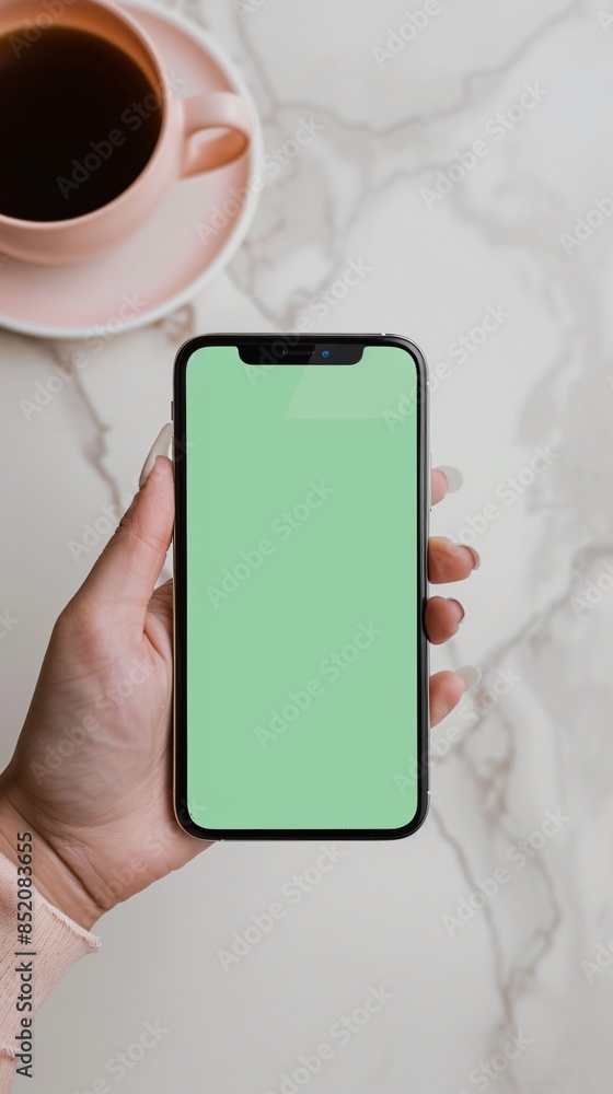Poster mock up smartphone with green screen display held in hand. technology and communication concept