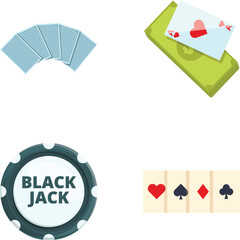 Blackjack icons set cartoon vector. Casino poker cards and chips. Pastime, addiction